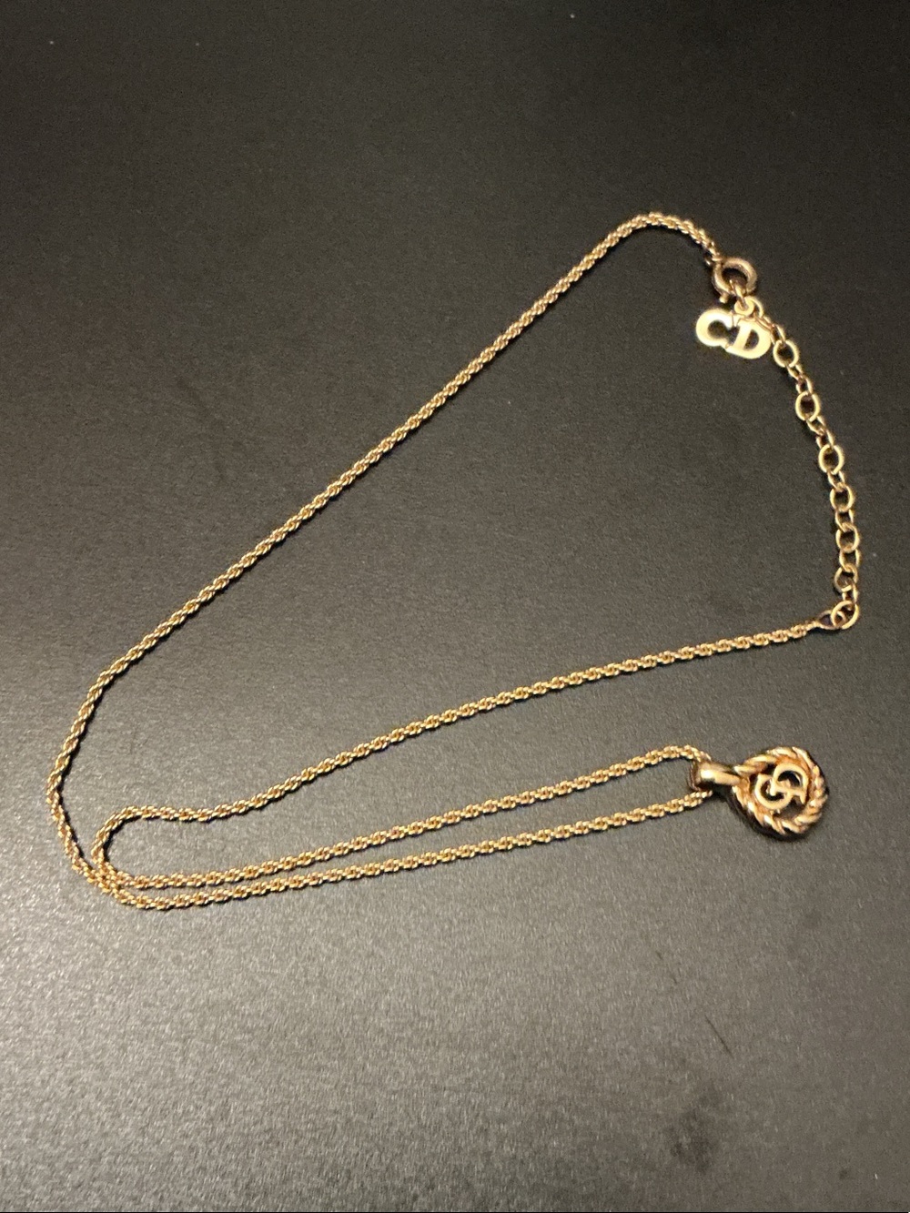 Dior Gold-Tone Rope Pendant Necklace with CD Charm and COA